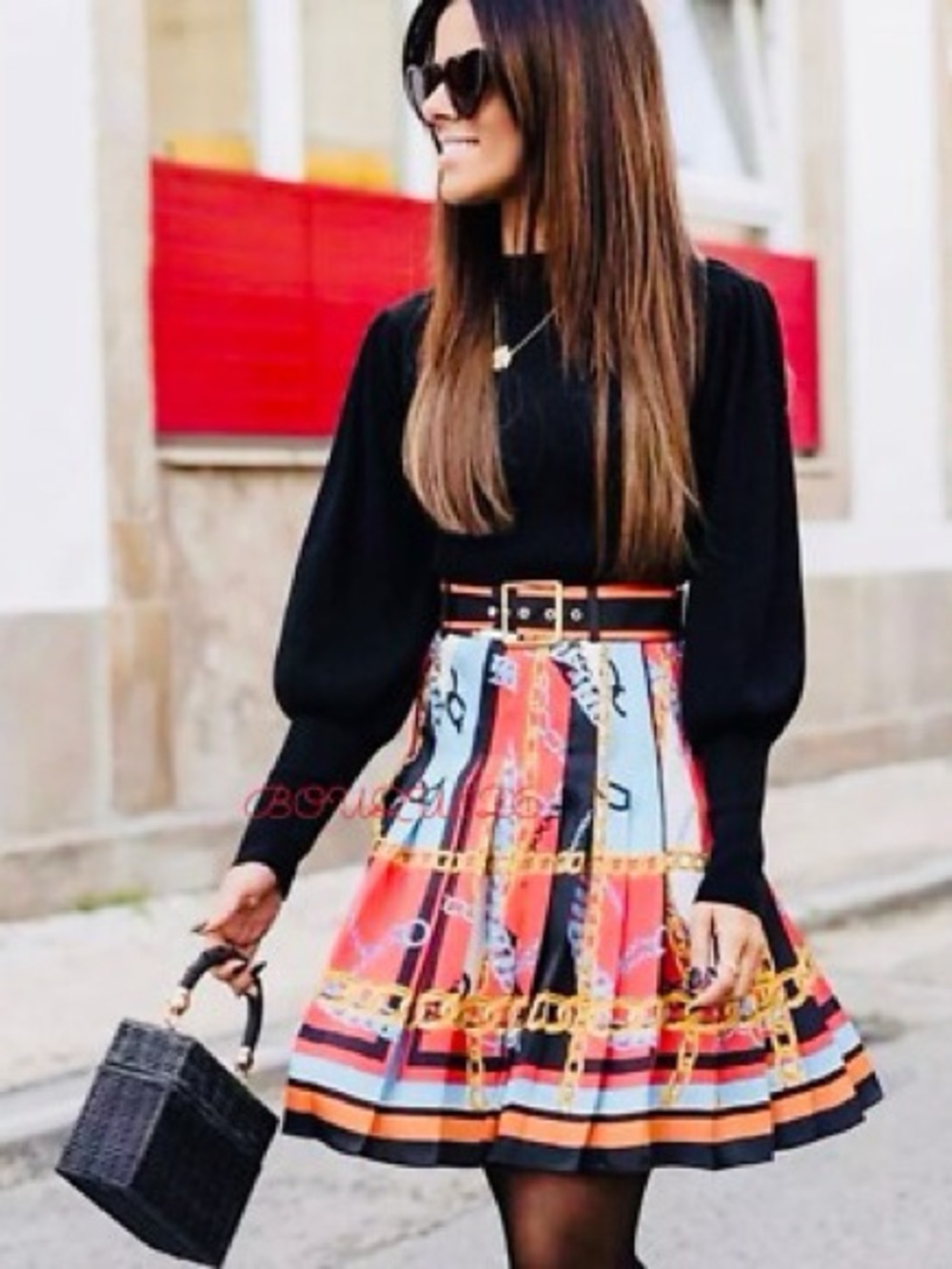 NWT Zara | Women’s Black/Red/Multicolor Chain Print Pleated A-Line Skirt Size L